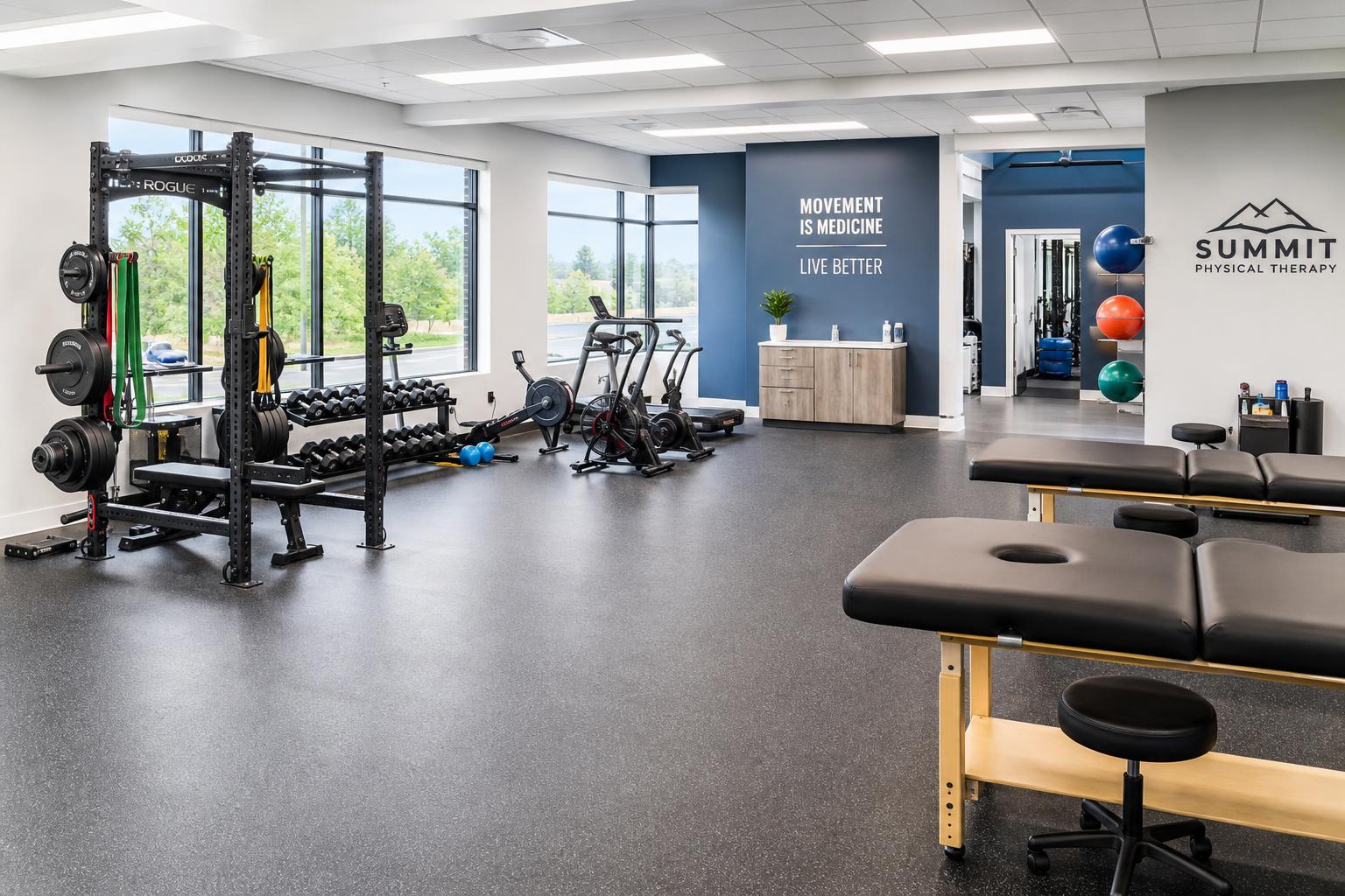 A physical therapy clinic with exercise equipment, treatment tables and bright windows