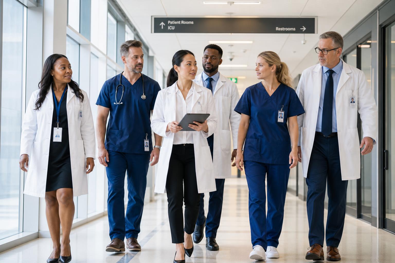 A diverse medical team of doctors and nurses walking together down a bright modern hospital corridor