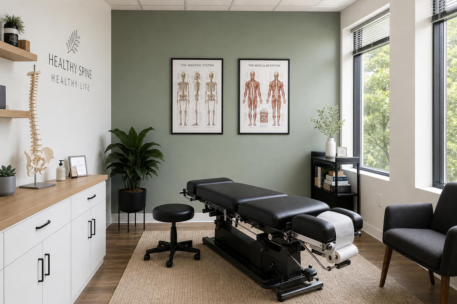 A modern chiropractic wellness office with an adjustment table, sage green decor and anatomical posters
