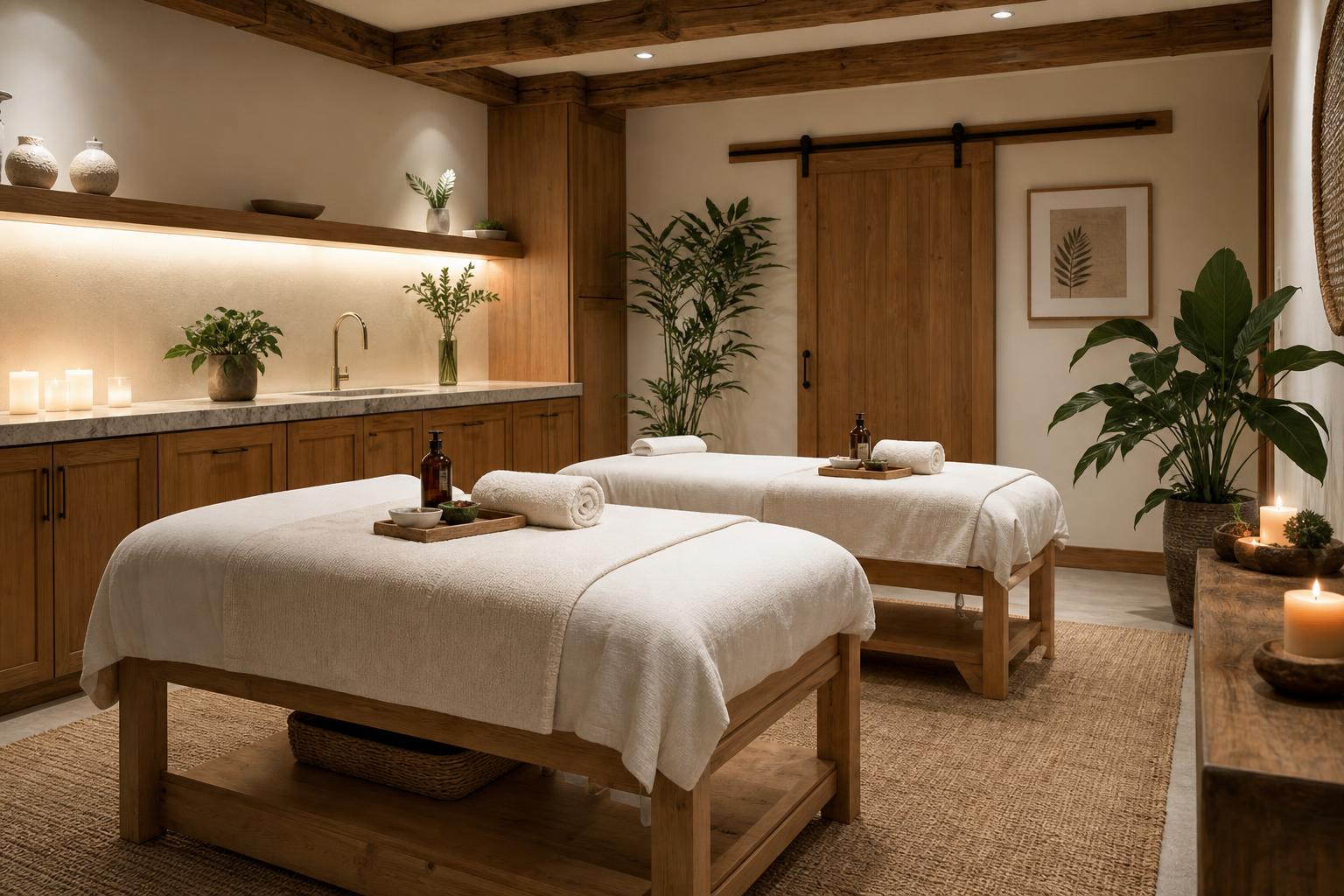 A serene wellness spa interior with natural wood, white walls, massage tables and soft candlelight