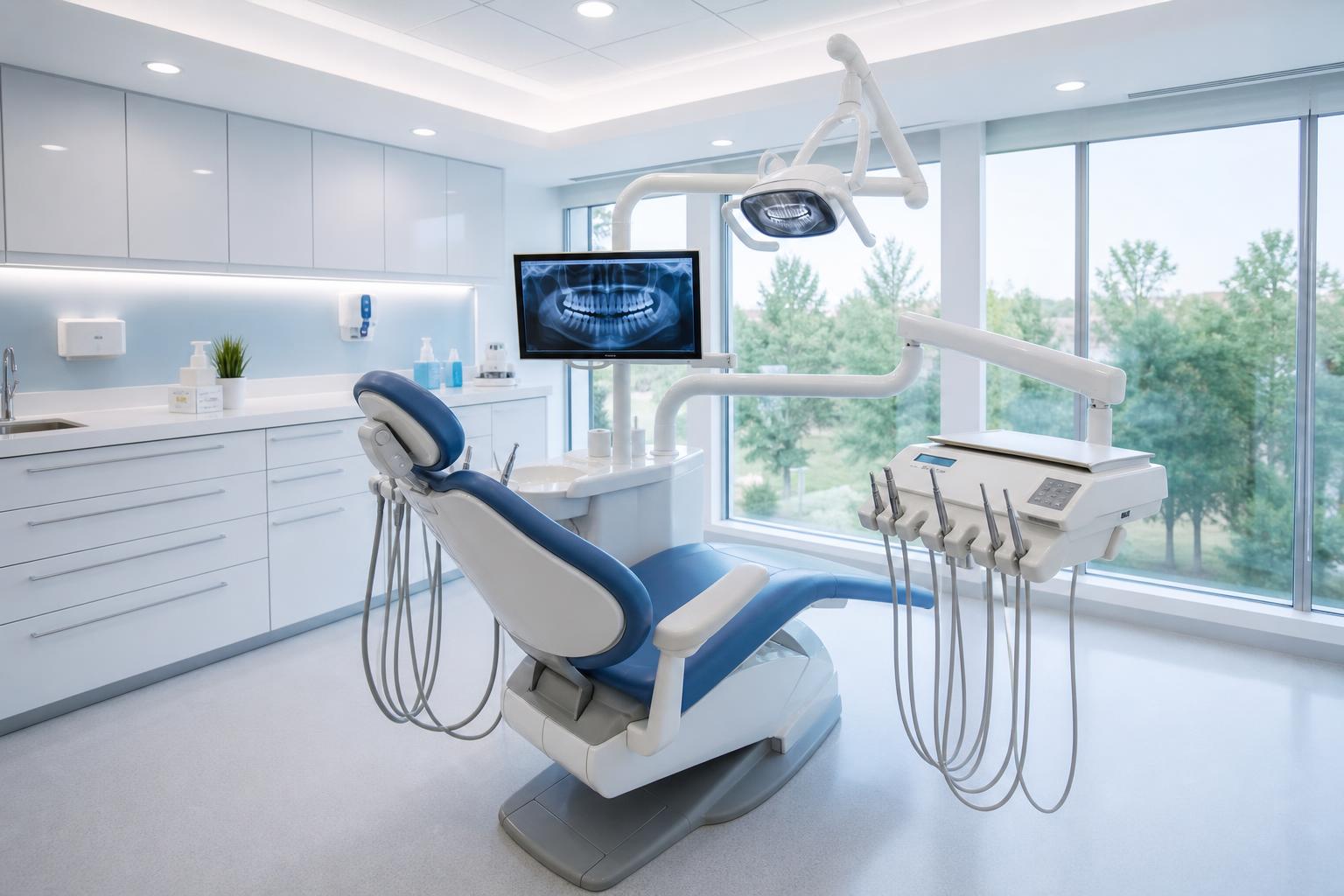 A modern dental clinic treatment room with a sleek chair, bright clean tones and advanced equipment