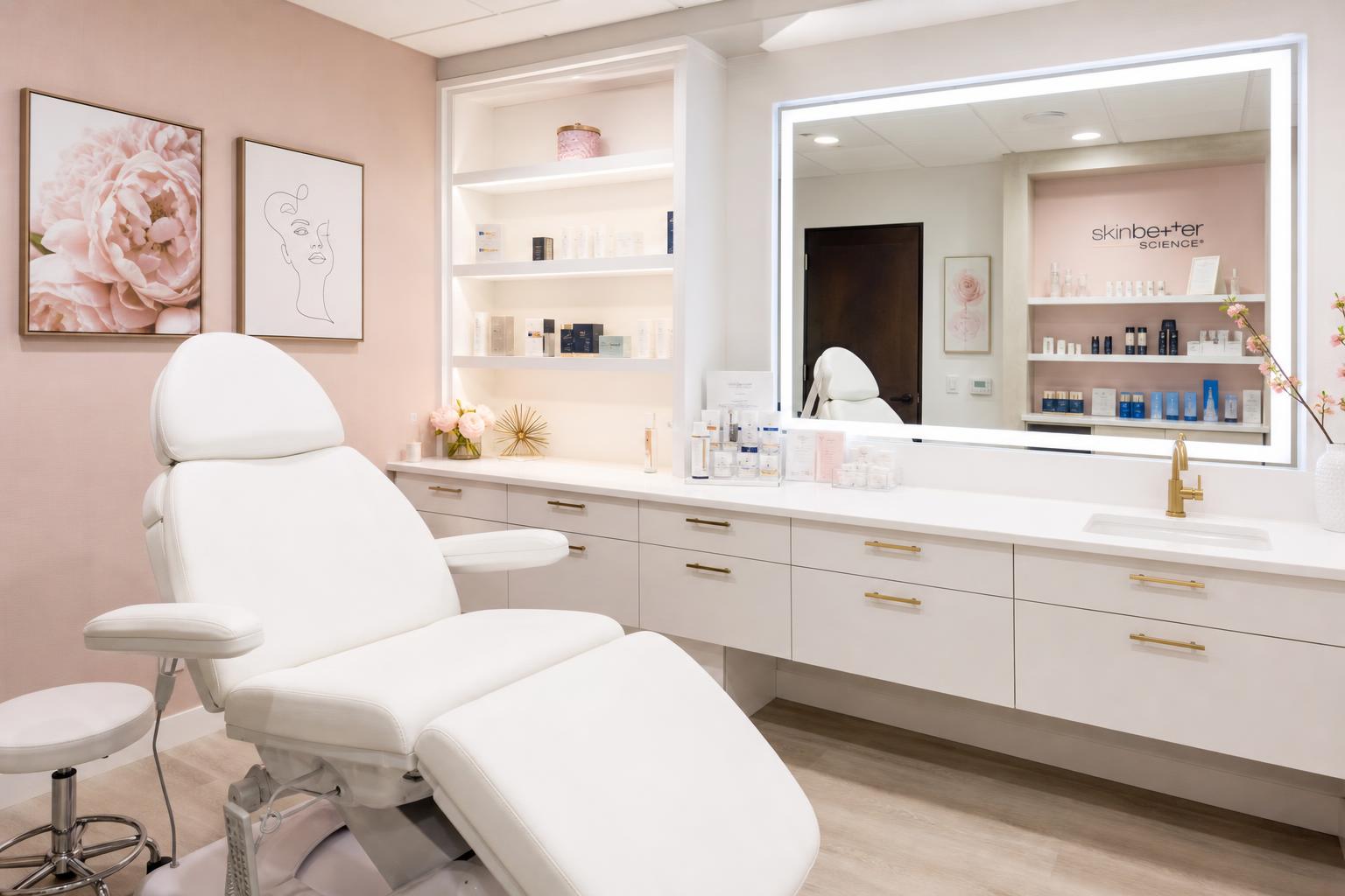 A cosmetic dermatology consultation room with a white treatment chair, bright mirror and skincare displays