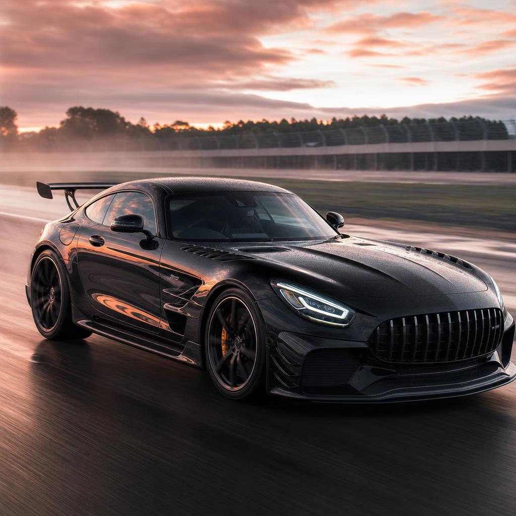 Black luxury performance coupé on a racetrack at dawn