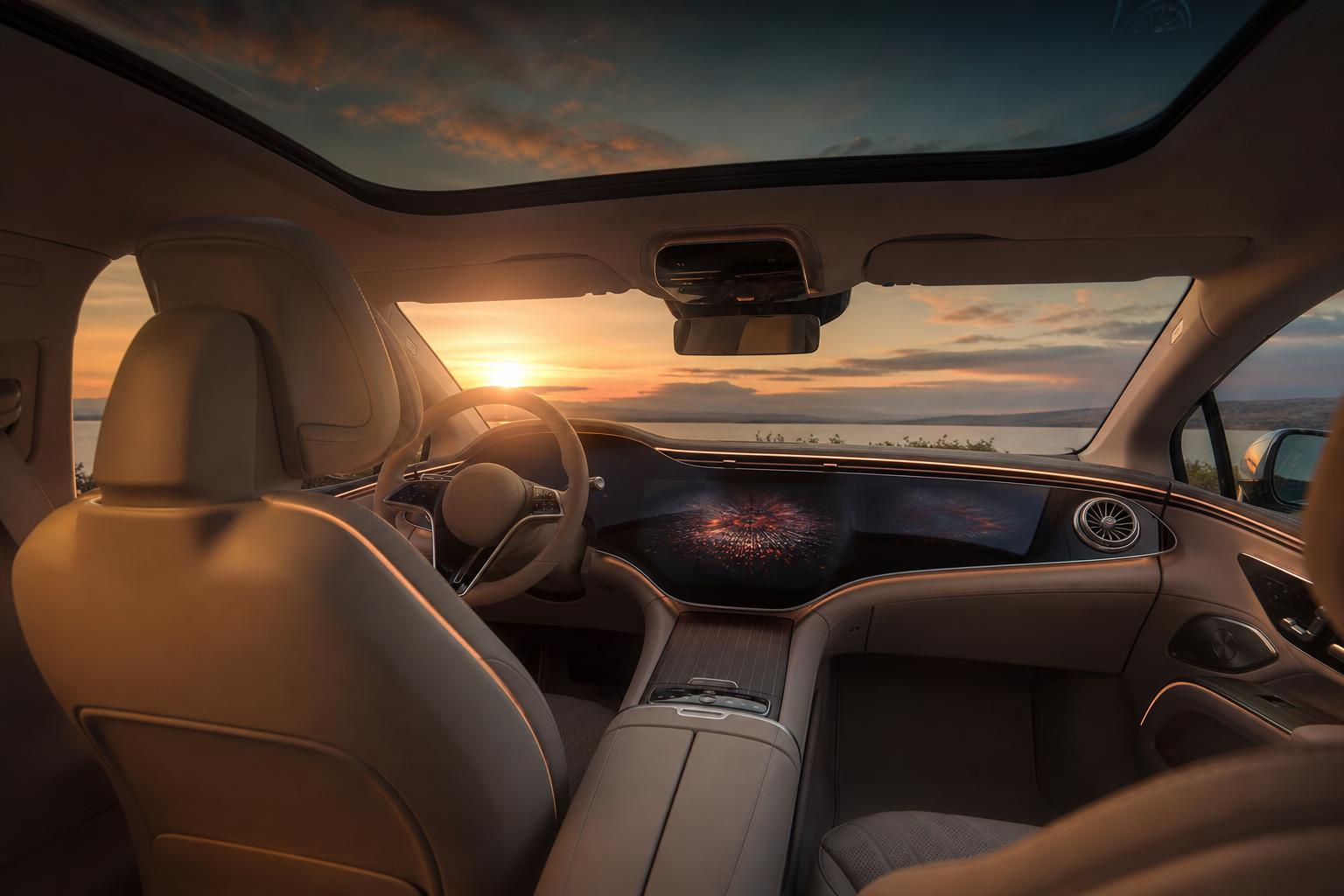 Mercedes-Benz EQS interior at dusk